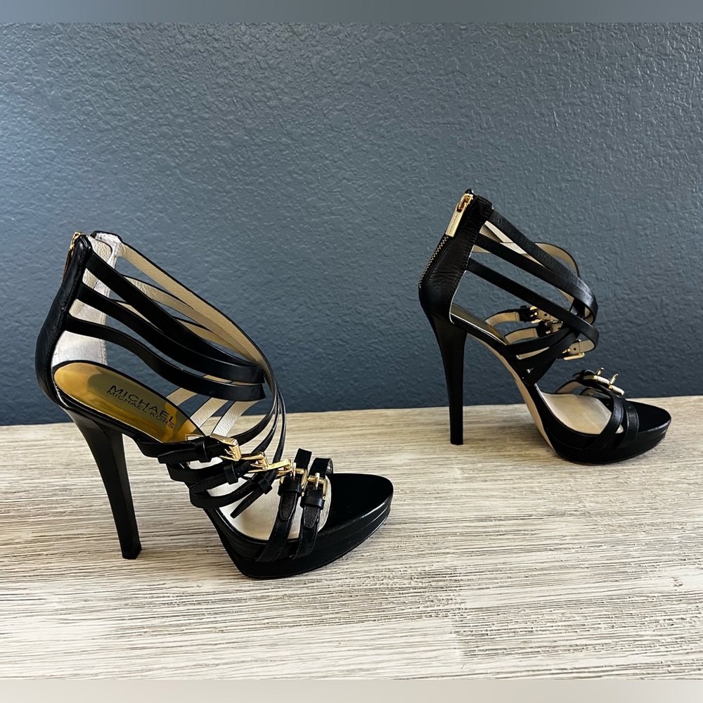 Michael Kors Ava Black Strappy Heels Gold Buckles - Picture 3 of 7